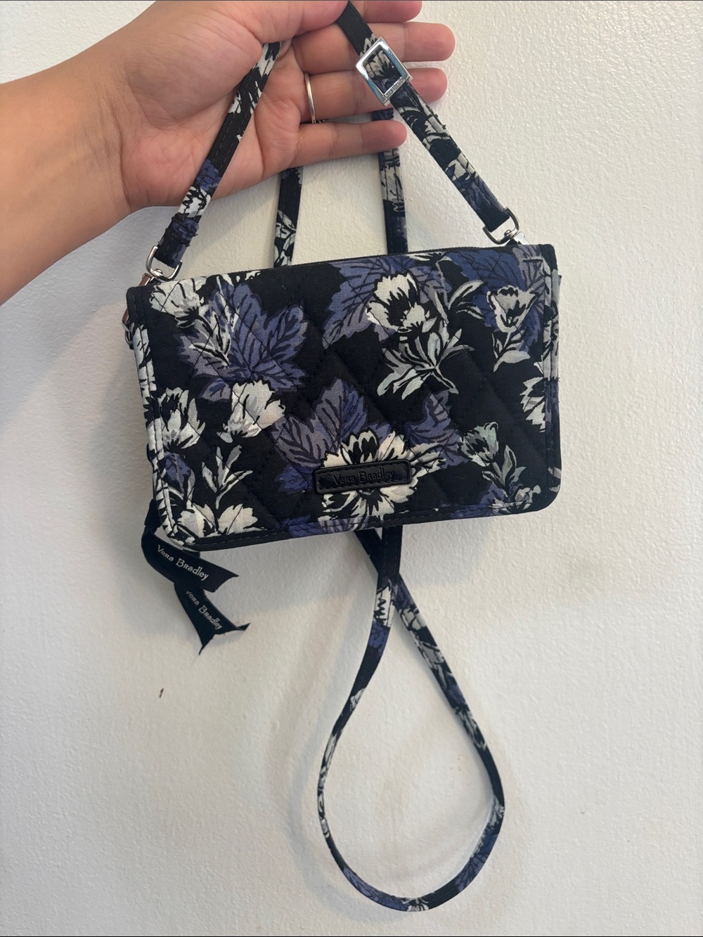 Vera Bradley Black Floral Quilted Crossbody with Purple Accents